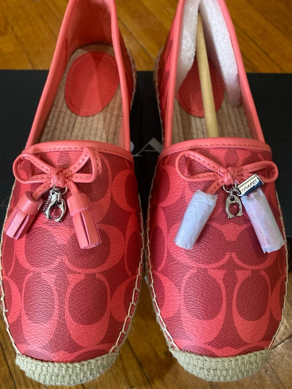 Coach Carson Espadrilles in a bright coral pink signature jacquard fabric Size